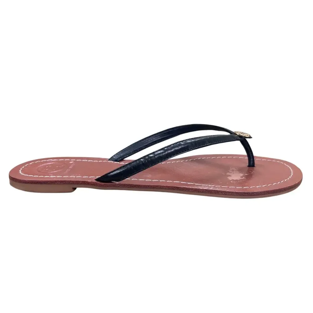 Tory Burch Charm Black Leather Flip Flop Strap  Sandals 8.5